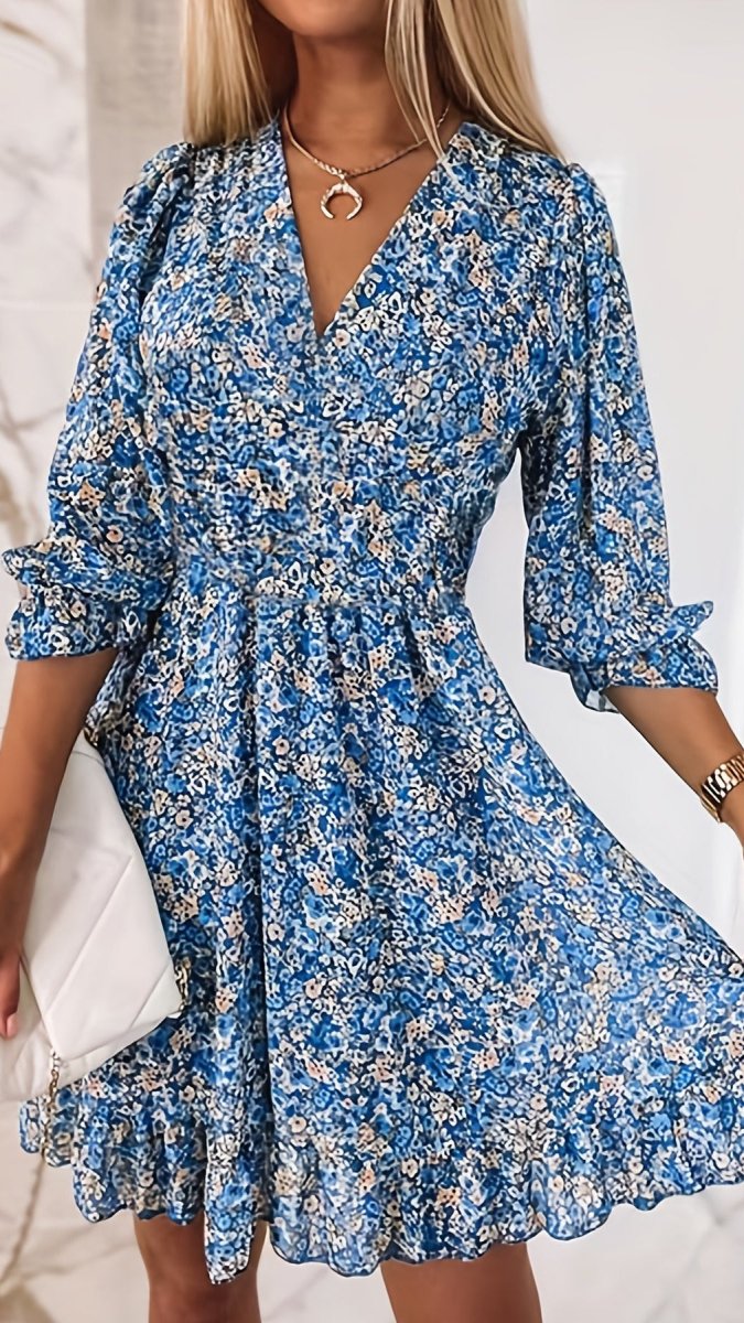 LUNAVERA - Women’s Bohemian Floral V-Neck Flutter Sleeve Dress