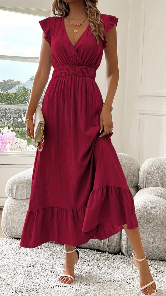 AZURELLE - Women’s Deep V-Neck Ruffle Sleeve Maxi Dress