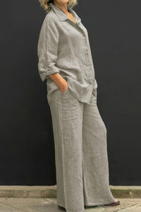 ALYONA – Relaxed Linen Collared Top & Loose Straight Pants