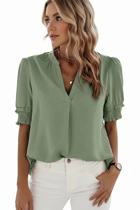 FLUVELLE – Lightweight V-Neck Chiffon Blouse with Soft Volume Sleeves